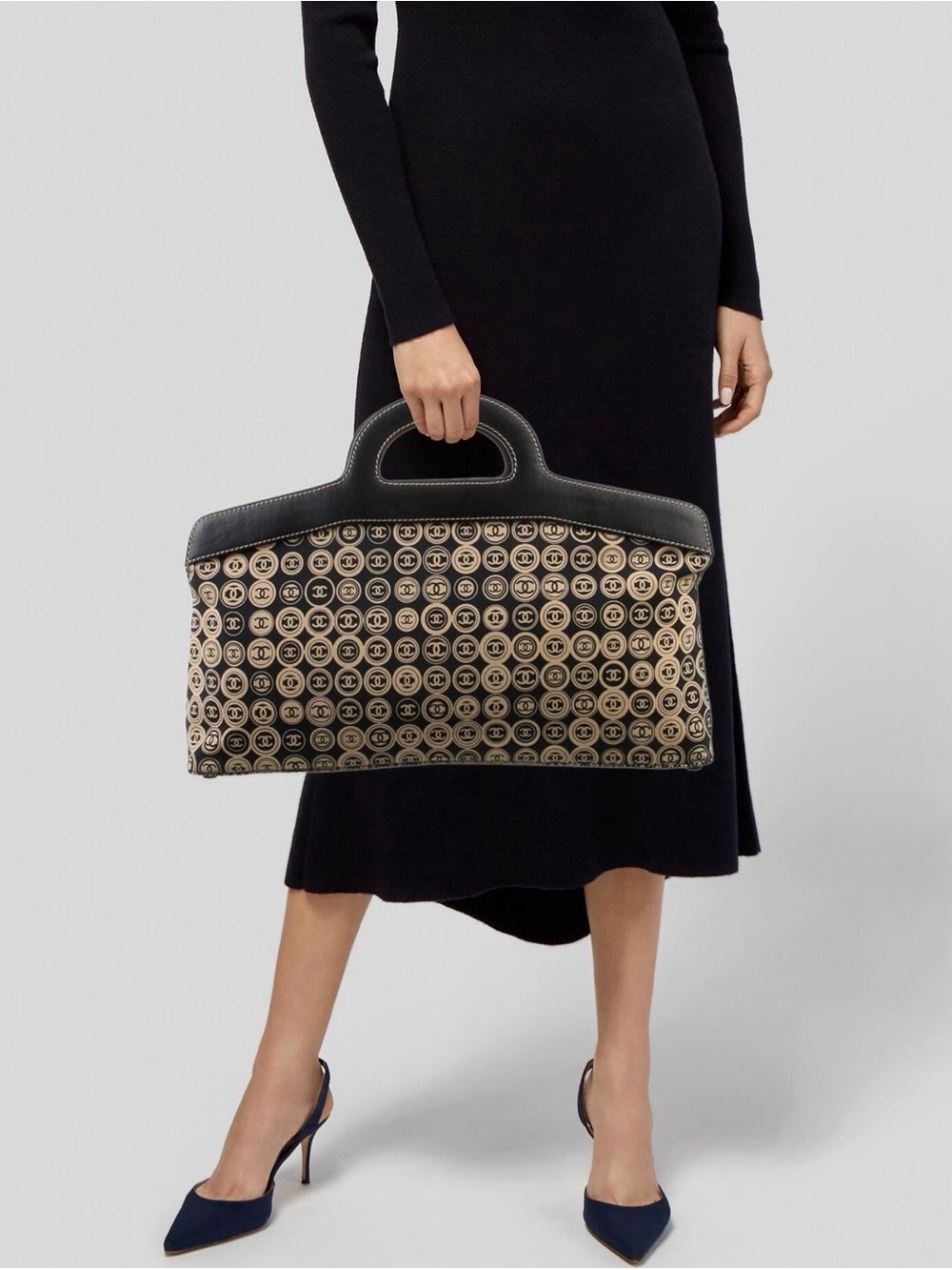 CHANEL black  and cream Logo Pattern Bag preloved